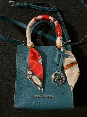 Michael Kors Teal Mini Tote with Red & Cream Scarf Accent
